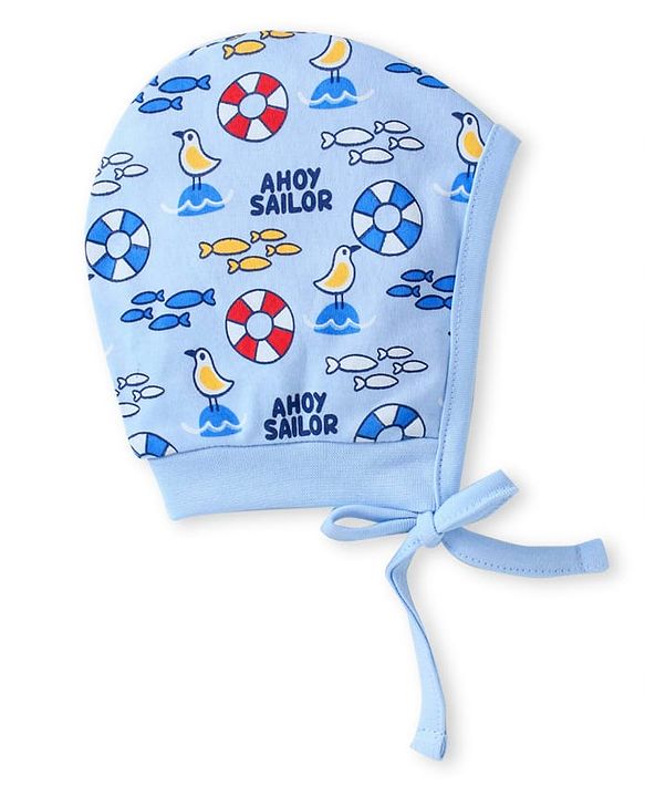 Babyhug Interlock Knit Bonnet Bonnet Caps With Nautical Theme Print Pack of 2 - Red & Blue