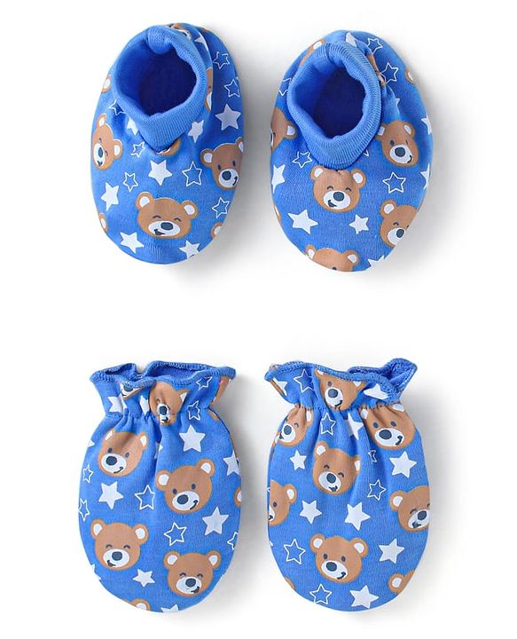 Babyhug 100% Cotton Knit Mittens & Booties Set with Bear Print - Blue