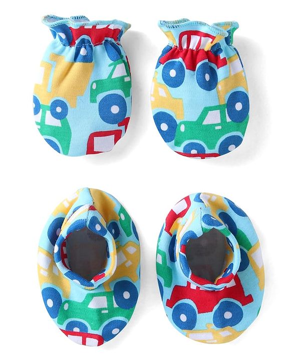 Babyhug 100% Cotton Knit Mittens & Booties Set with Car Print - Blue