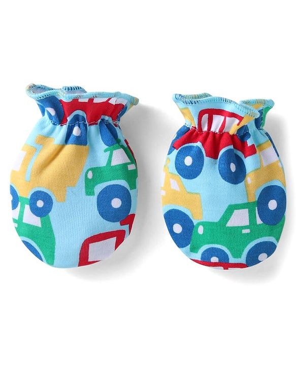 Babyhug 100% Cotton Knit Mittens & Booties Set with Car Print - Blue