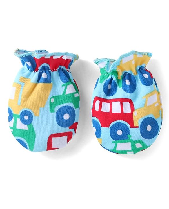 Babyhug 100% Cotton Knit Mittens & Booties Set with Car Print - Blue