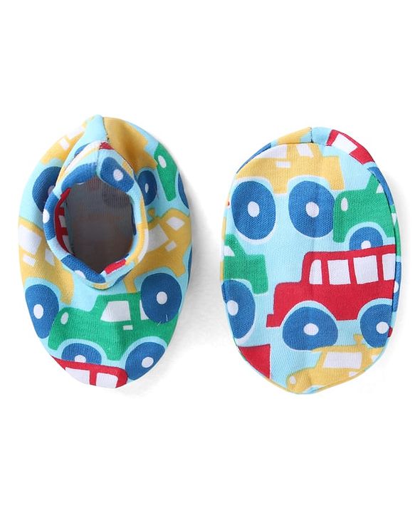 Babyhug 100% Cotton Knit Mittens & Booties Set with Car Print - Blue