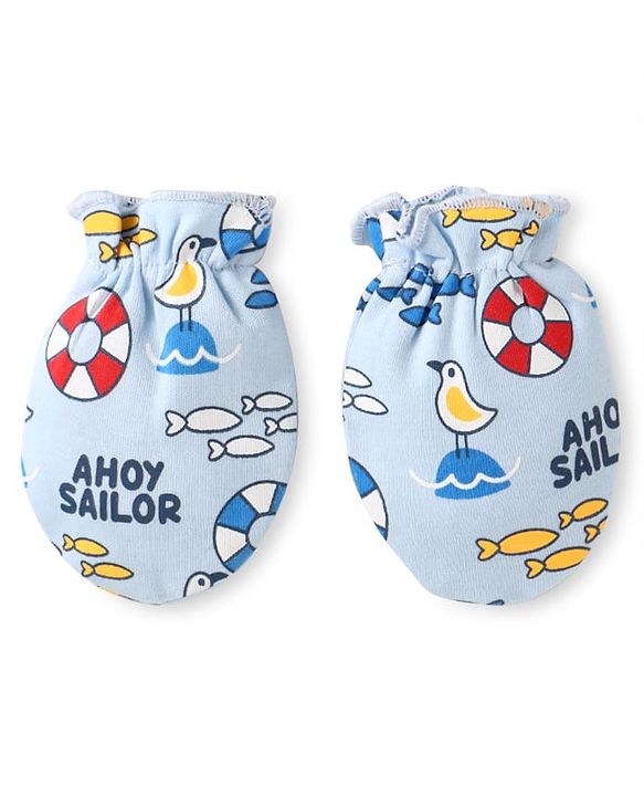 Babyhug 100% Cotton Knit Mittens & Booties Set with Nautical Theme Print - Light Blue
