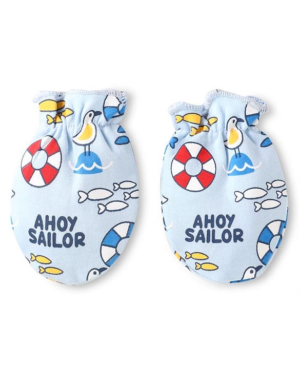 Babyhug 100% Cotton Knit Mittens & Booties Set with Nautical Theme Print - Light Blue
