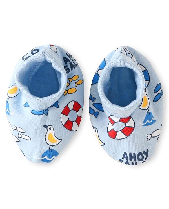 Babyhug 100% Cotton Knit Mittens & Booties Set with Nautical Theme Print - Light Blue