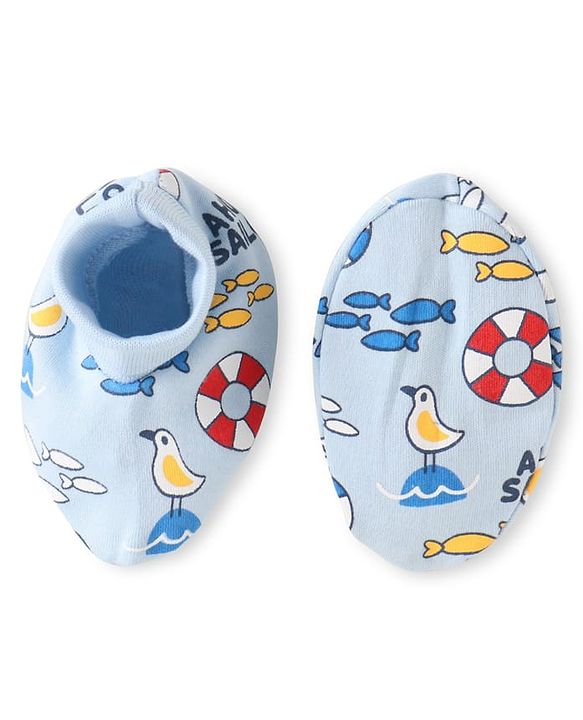 Babyhug 100% Cotton Knit Mittens & Booties Set with Nautical Theme Print - Light Blue