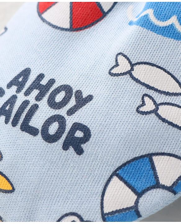 Babyhug 100% Cotton Knit Mittens & Booties Set with Nautical Theme Print - Light Blue