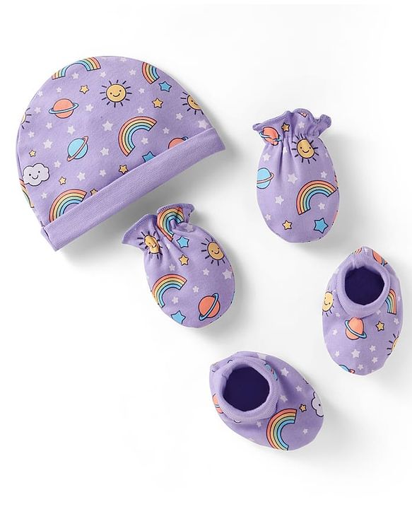 Babyhug Interlock Knit Cap Mittens & Booties Set with Space Theme Prints Lavender  - Diameter 10 cm