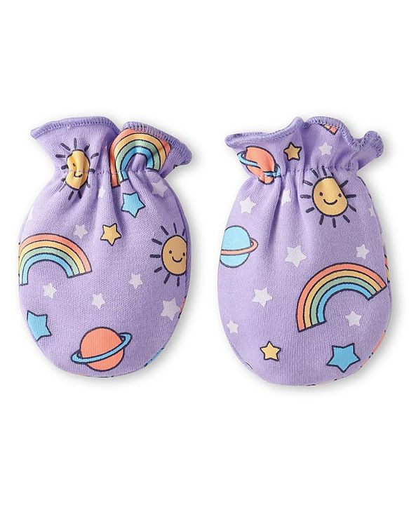 Babyhug Interlock Knit Cap Mittens & Booties Set with Space Theme Prints Lavender  - Diameter 10 cm