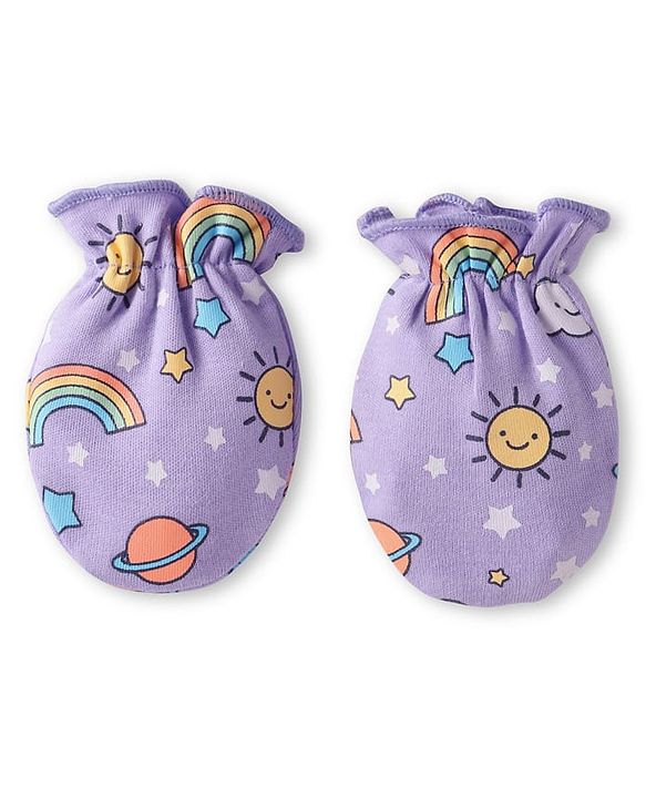 Babyhug Interlock Knit Cap Mittens & Booties Set with Space Theme Prints Lavender  - Diameter 10 cm