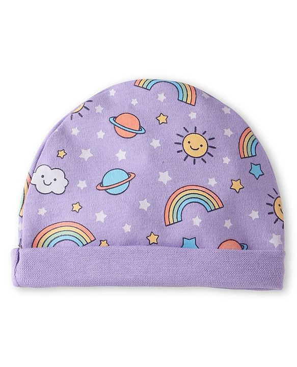 Babyhug Interlock Knit Cap Mittens & Booties Set with Space Theme Prints Lavender  - Diameter 10 cm
