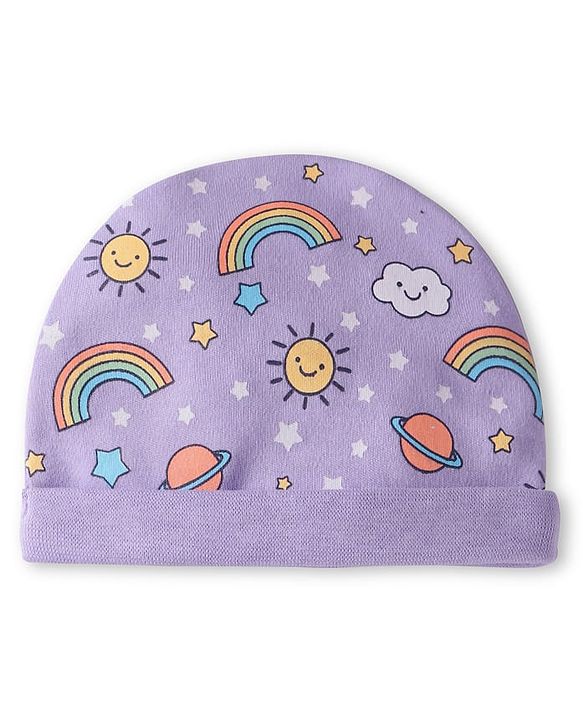 Babyhug Interlock Knit Cap Mittens & Booties Set with Space Theme Prints Lavender  - Diameter 10 cm