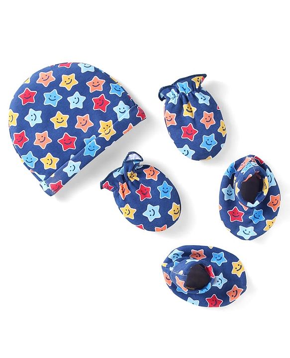 Babyhug 100% Cotton Knit Cap Mittens & Booties Set with Stars Print Navy Blue - Diameter 11 cm