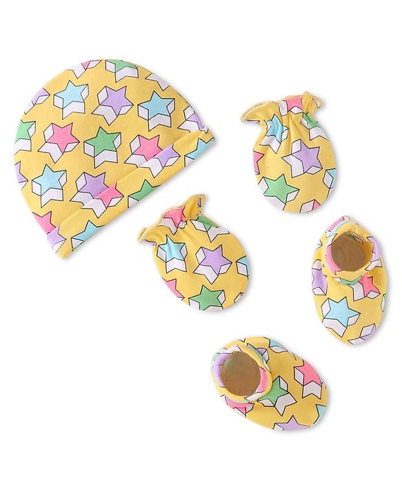 Babyhug Interlock Knit Cap Mittens & Booties Set with Star Prints Yellow - Diameter 9 cm