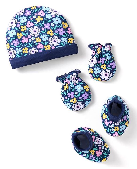 Babyhug 100% Cotton Knit Floral Printed  Cap Mittens & Booties Set - Navy
