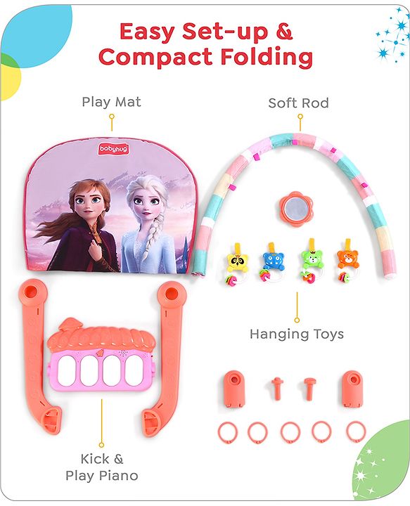 Babyhug Disney Frozen Baby Kick and Play Piano Play Gym with Lights and Music - Orange| 5 Hanging Rattles with Musical Keyboard| Ideal Gifting Option - Multicolor