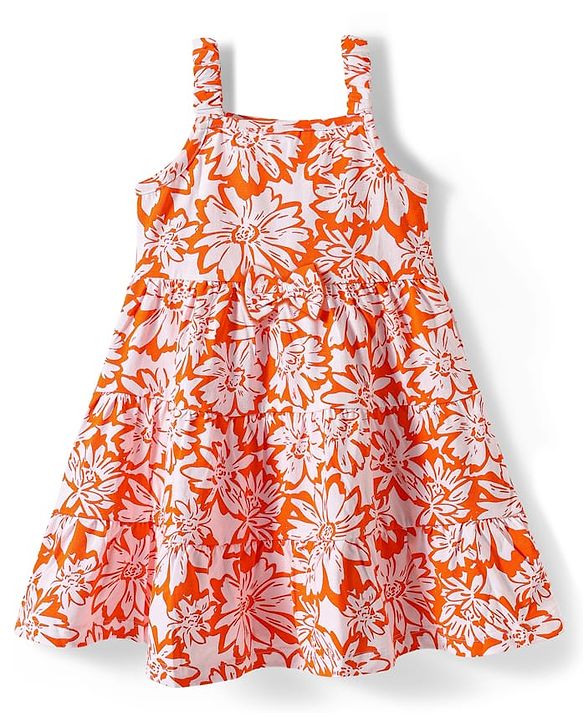 Babyhug Single Jersey Knit Sleeveless Frock with Floral Print & Bow Applique - Orange & White