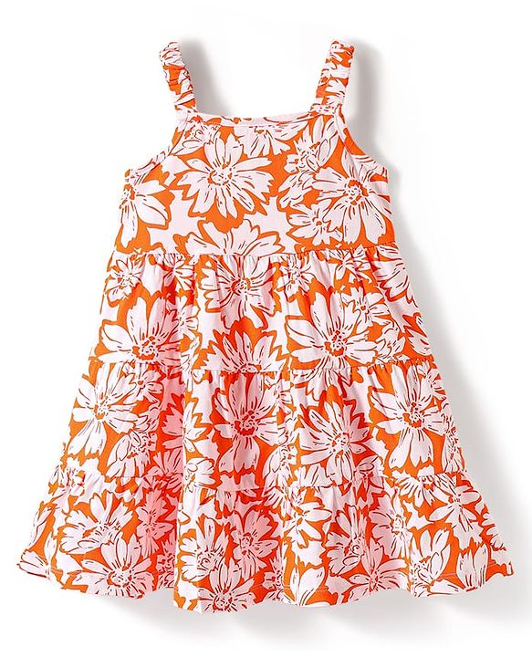 Babyhug Single Jersey Knit Sleeveless Frock with Floral Print & Bow Applique - Orange & White