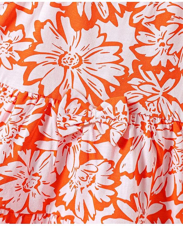 Babyhug Single Jersey Knit Sleeveless Frock with Floral Print & Bow Applique - Orange & White