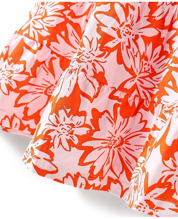Babyhug Single Jersey Knit Sleeveless Frock with Floral Print & Bow Applique - Orange & White