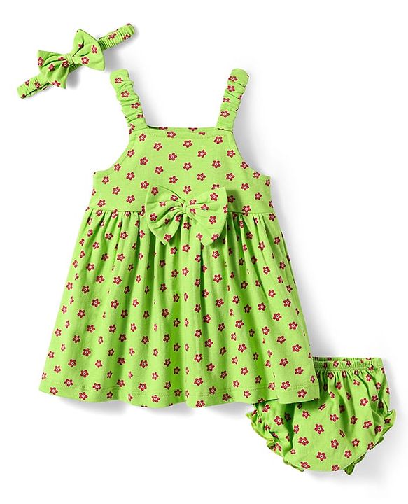 Babyhug Single Jersey Knit Sleeveless Floral Printed Frock with Headband Bloomer & Bow Applique - Light Green