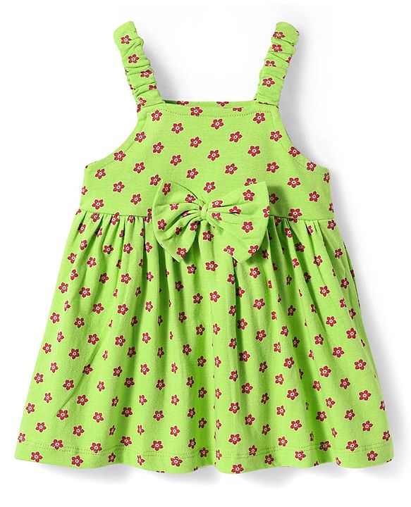 Babyhug Single Jersey Knit Sleeveless Floral Printed Frock with Headband Bloomer & Bow Applique - Light Green