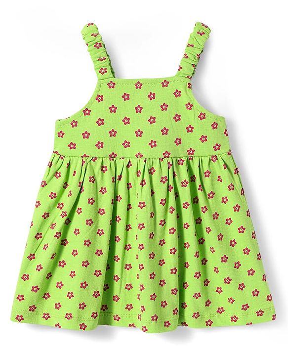 Babyhug Single Jersey Knit Sleeveless Floral Printed Frock with Headband Bloomer & Bow Applique - Light Green