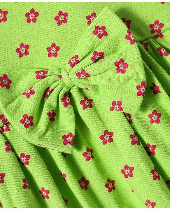 Babyhug Single Jersey Knit Sleeveless Floral Printed Frock with Headband Bloomer & Bow Applique - Light Green