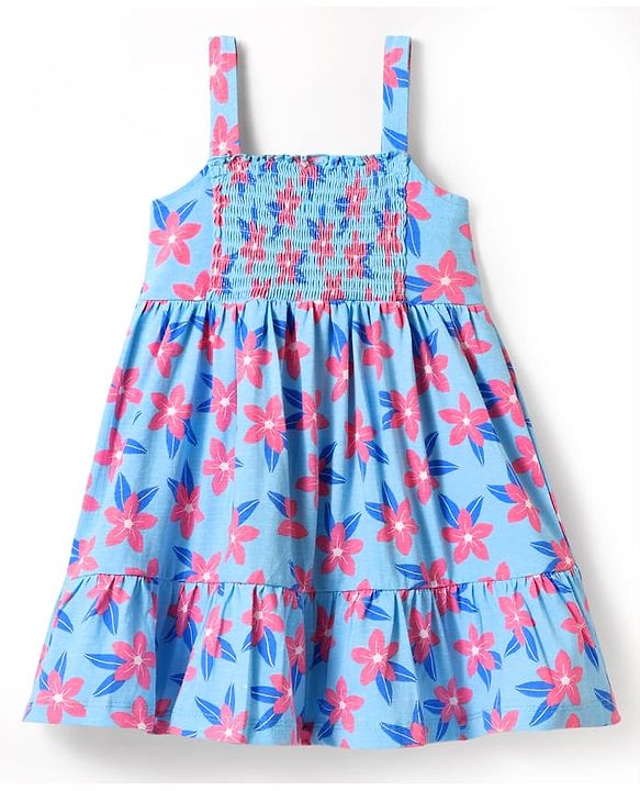 Babyhug Single Jersey Knit Sleeveless Frock and Bloomer with Floral Print & Bow Applique - Blue