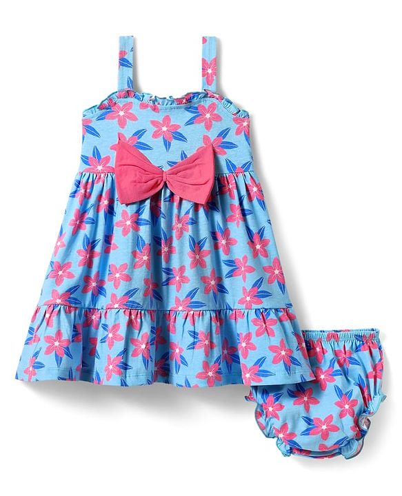 Babyhug Single Jersey Knit Sleeveless Frock and Bloomer with Floral Print & Bow Applique - Blue