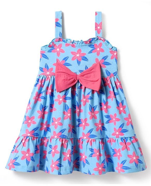 Babyhug Single Jersey Knit Sleeveless Frock and Bloomer with Floral Print & Bow Applique - Blue