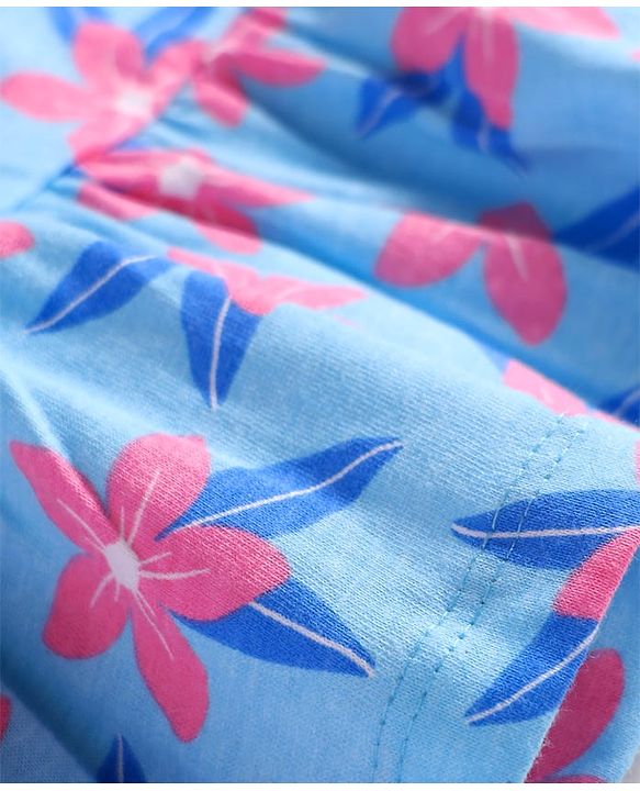 Babyhug Single Jersey Knit Sleeveless Frock and Bloomer with Floral Print & Bow Applique - Blue