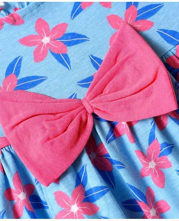 Babyhug Single Jersey Knit Sleeveless Frock and Bloomer with Floral Print & Bow Applique - Blue