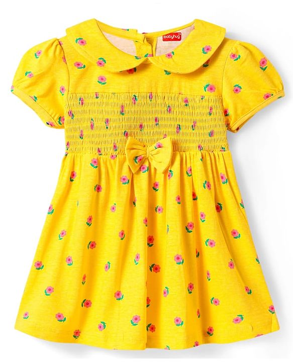 Babyhug Single Jersey Knit Half Sleeves Floral Printed Frock With Bow Applique & Bloomer - Yellow
