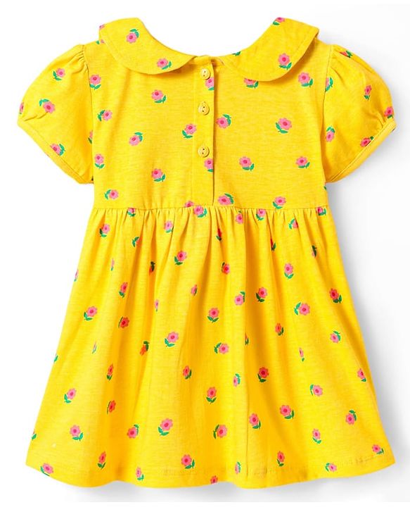 Babyhug Single Jersey Knit Half Sleeves Floral Printed Frock With Bow Applique & Bloomer - Yellow