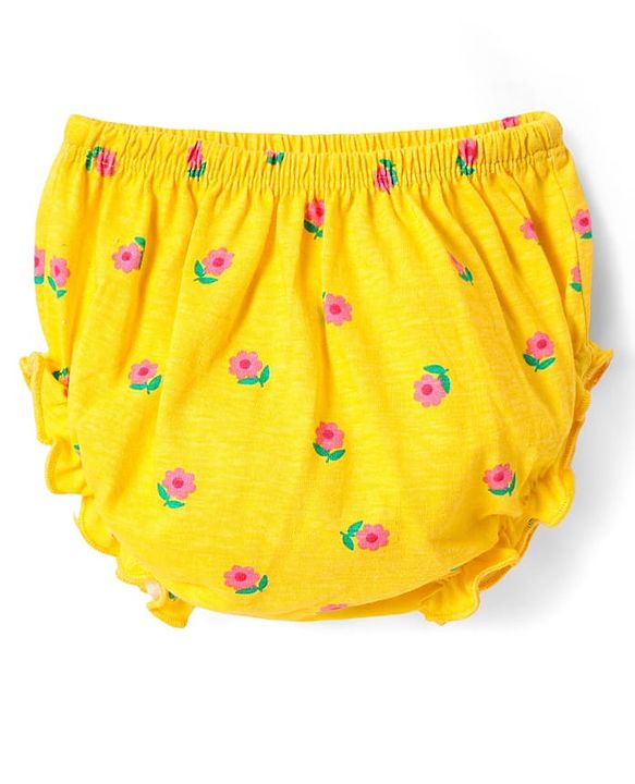 Babyhug Single Jersey Knit Half Sleeves Floral Printed Frock With Bow Applique & Bloomer - Yellow