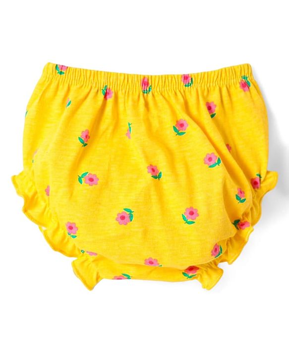 Babyhug Single Jersey Knit Half Sleeves Floral Printed Frock With Bow Applique & Bloomer - Yellow