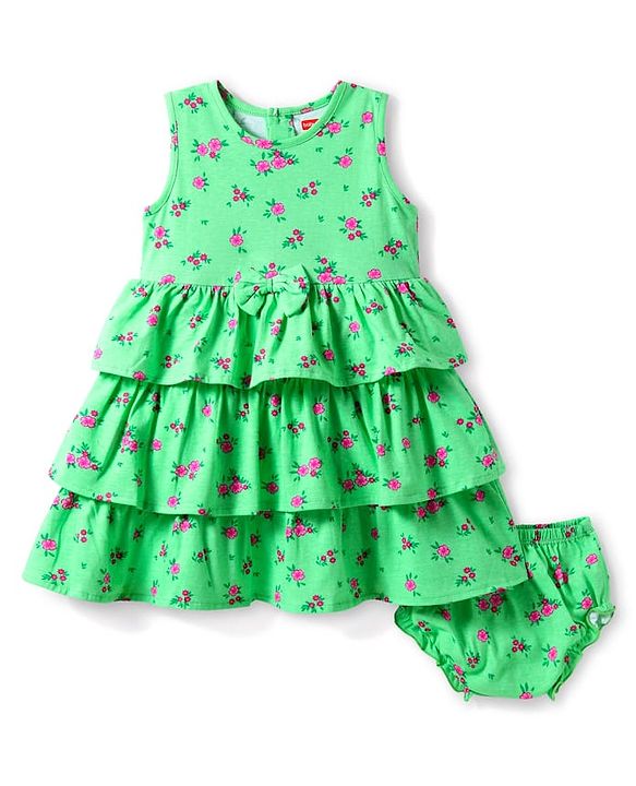 Babyhug Single Jersey Knit Sleeveless Floral Printed Frock with Bloomer & Bow Applique - Light Blue