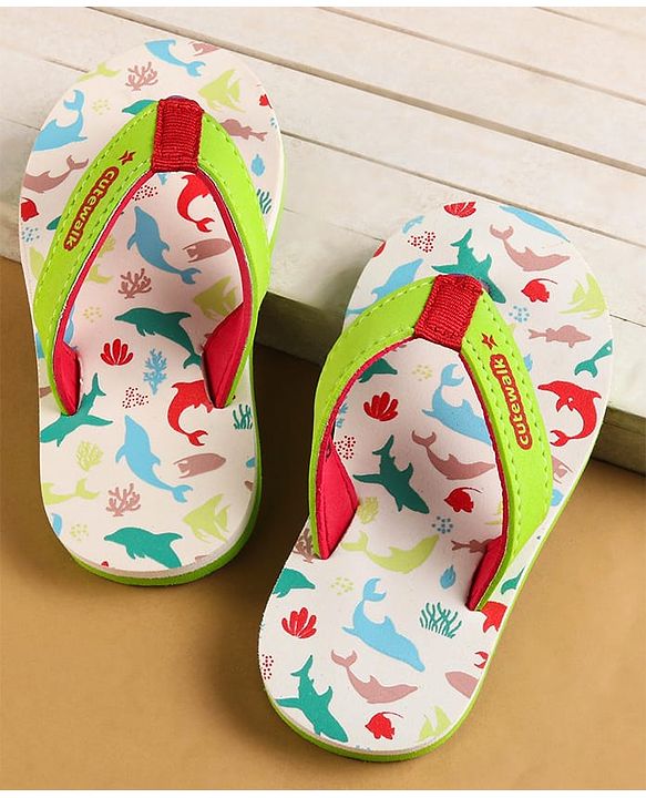 Cute Walk by Babyhug Slip on Flip Flops with Sea Life Print - Light Green & Offwhite