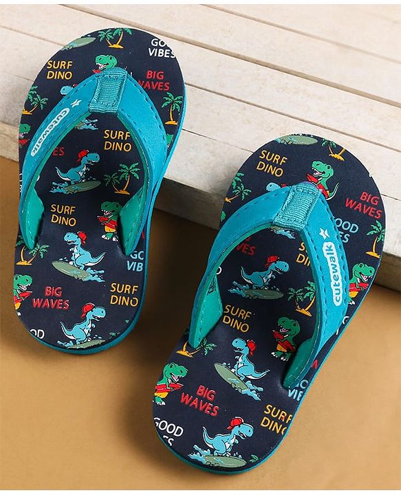 Cute Walk by Babyhug Slip on Flip Flops with Dino Print - Navy Blue