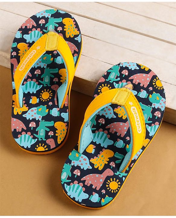 Cute Walk by Babyhug Slip on Flip Flops with Dino Print - Yellow