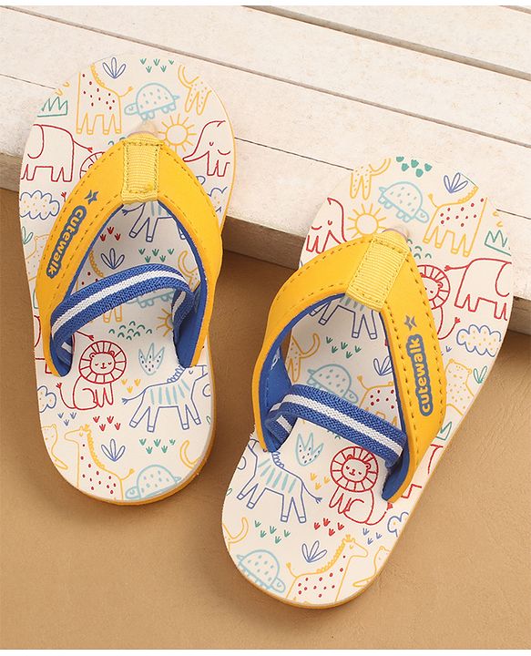 Cute Walk by Babyhug Flip Flops with Back Strap Closure & Animal Print - Yellow Blue & White