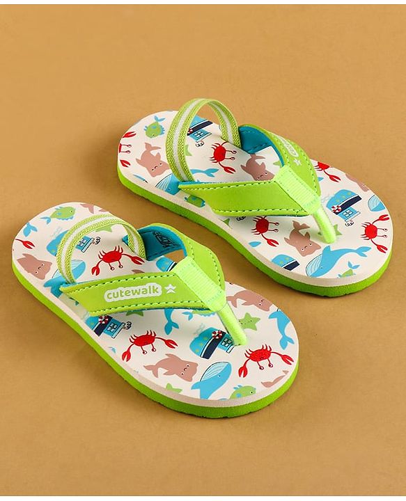 Cute Walk by Babyhug Flip Flops with Backstrap & Sea life Theme - Light Green