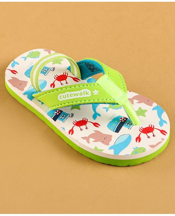 Cute Walk by Babyhug Flip Flops with Backstrap & Sea life Theme - Light Green