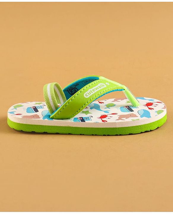 Cute Walk by Babyhug Flip Flops with Backstrap & Sea life Theme - Light Green