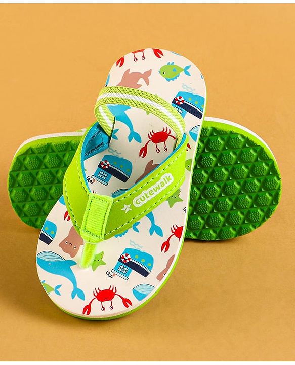 Cute Walk by Babyhug Flip Flops with Backstrap & Sea life Theme - Light Green