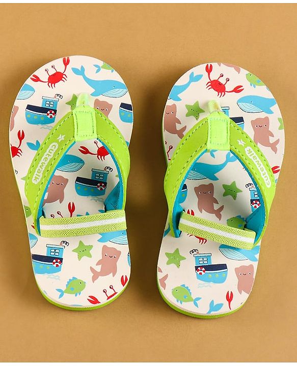 Cute Walk by Babyhug Flip Flops with Backstrap & Sea life Theme - Light Green