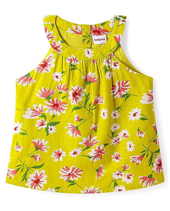 Babyhug Rayon Woven Sleeveless Halter Neck Top with Floral Print - Light Green