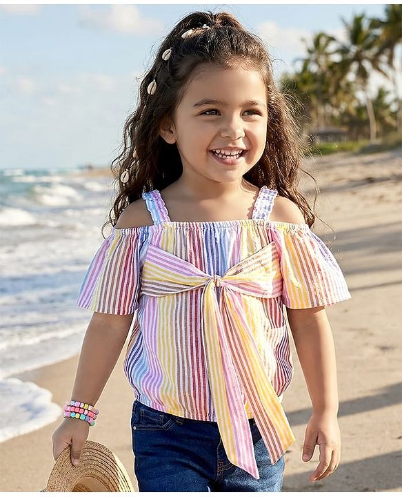 Babyhug Woven Cold Shoulder Top with Stripes - Pink & Yellow
