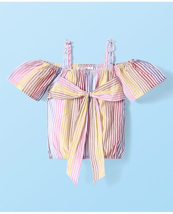 Babyhug Woven Cold Shoulder Top with Stripes - Pink & Yellow